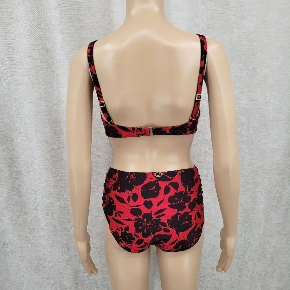 Jantzen Vintage 90s Red and Black Floral Bikini Set Swimsuit Ruched - Picture 7 of 16